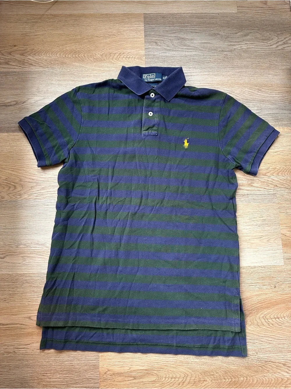 Ralph Lauren Green and Navy Striped Polo with Yellow Pony